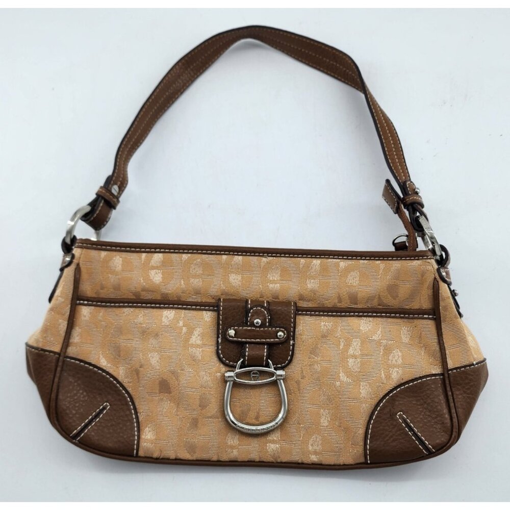 Vtg Etienne Aigner Top Handle Handbag Monogram Fabric Leather Trim Tan/Brown Y2K
